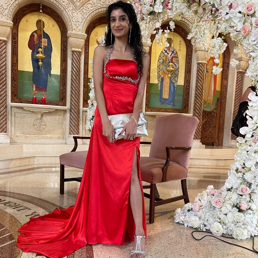Sexy Clarisse backless red dress train and slit